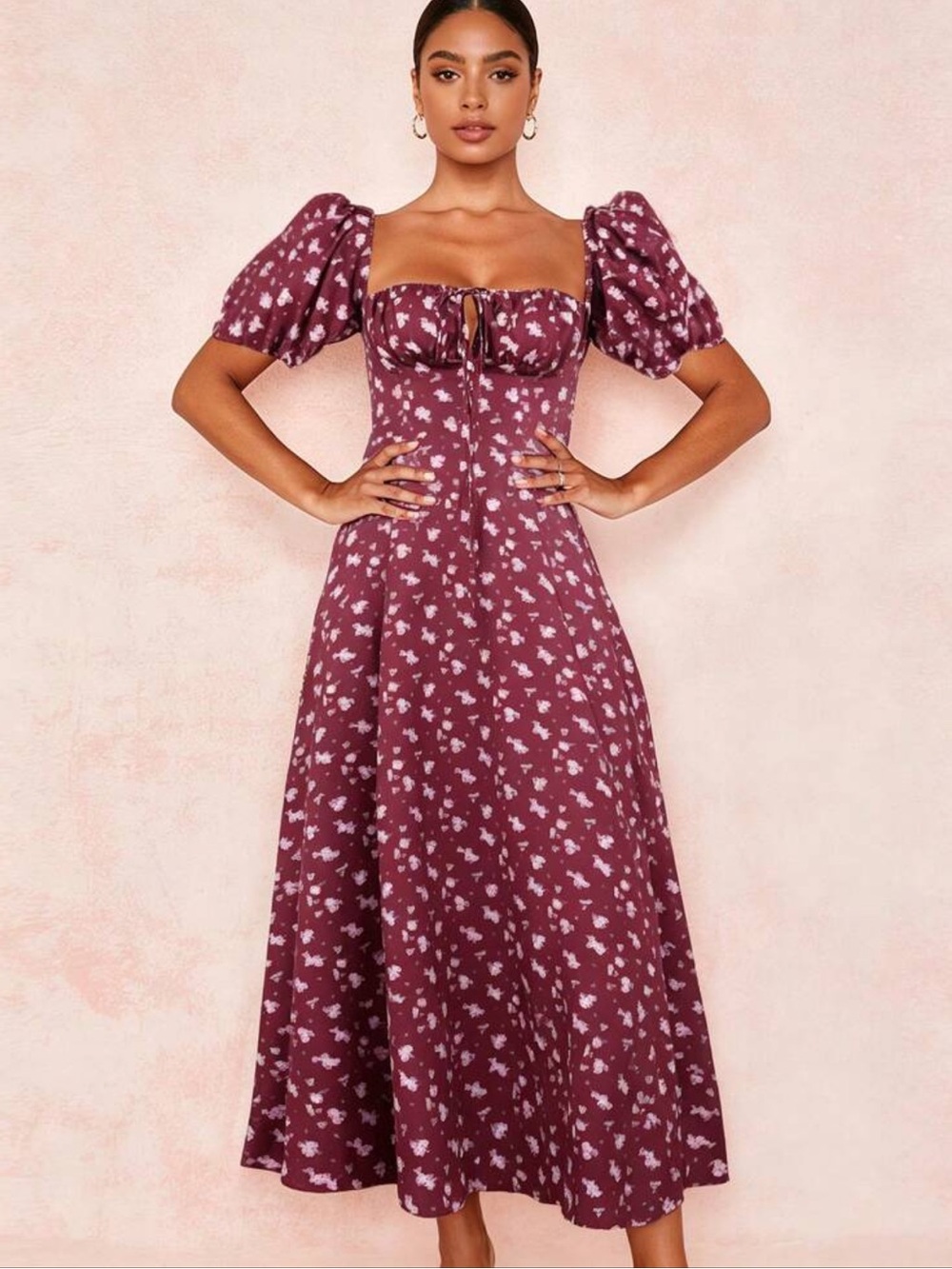 Floral Puff-Sleeve Midi Dress in Burgundy